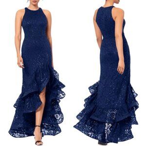 Betsy & Adam Women's Blue Sequined Lined Sleeveless Lace Ruffle Gown